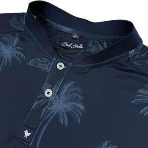 Bad Birdie Men's Short Sleeve Blade Collar Polo Palm Tree Shirt Navy Blue XL